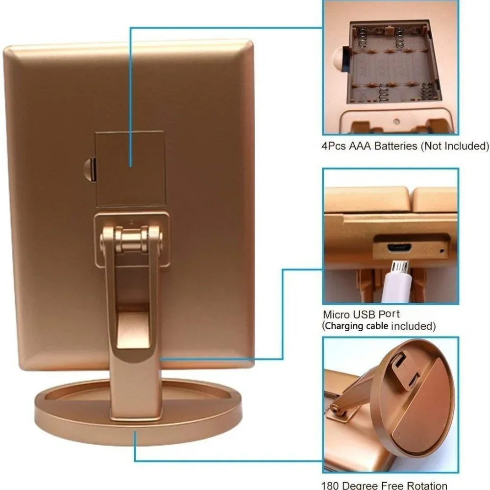 LED Lights Make Up Table Mirror 180 Degrees For Women's - Gold